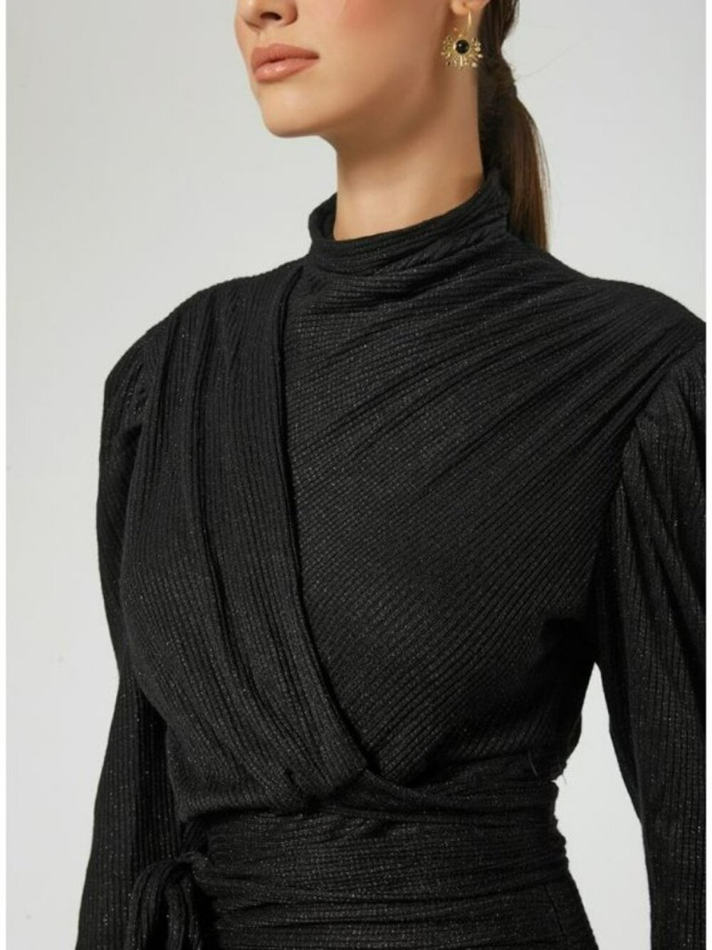 Sabina Musayev $289 Black Metallic Ruched Dress Long Sleeve Goth Whimsigoth - Picture 5 of 16